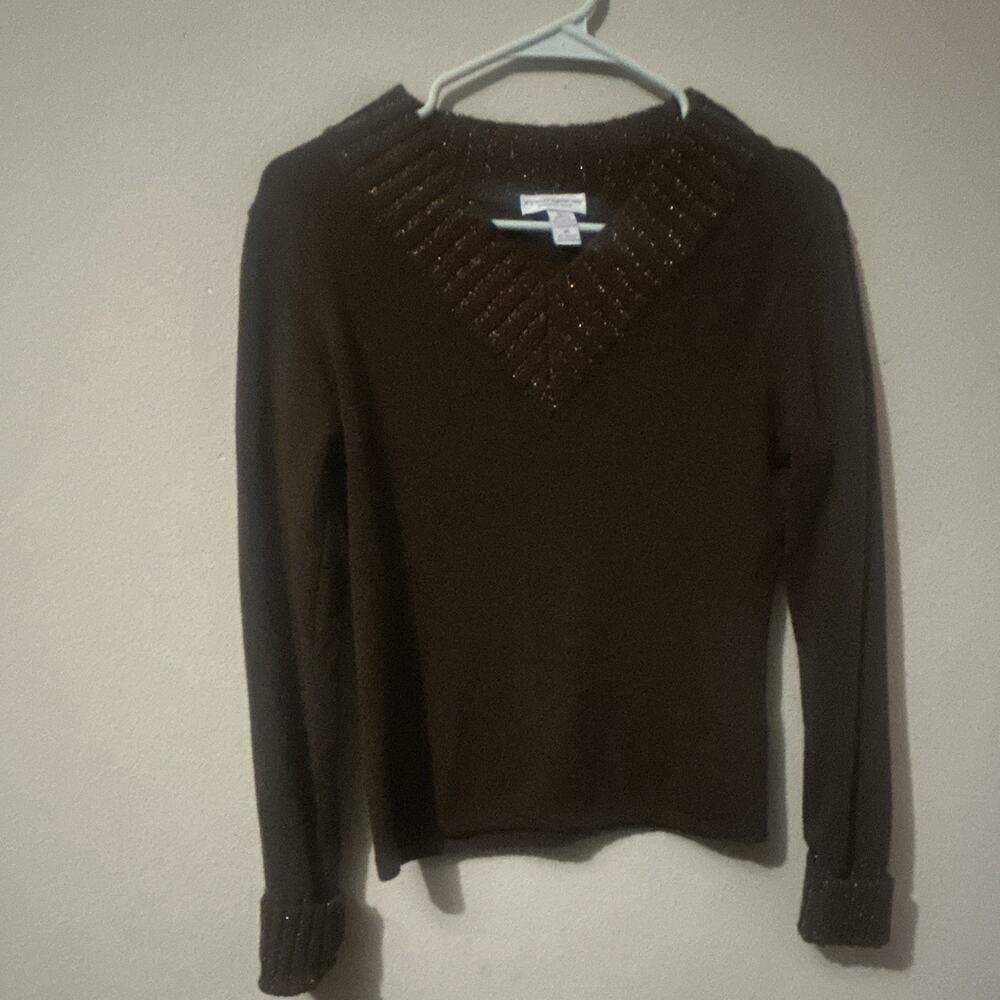 Morgano Women's Brown Metallic V-Neck Long Sleeve Knit Pullover Sweater M